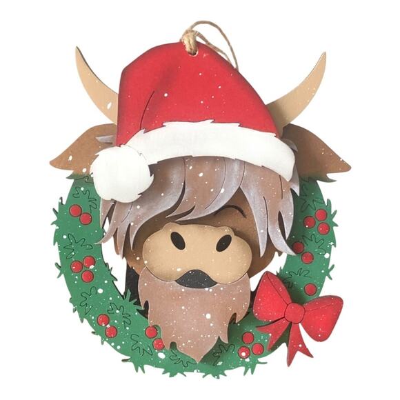 Handmade Whimsical Highlander Cow Wreath Santa Hat Hand Painted Wood Ornament - Picture 5 of 10